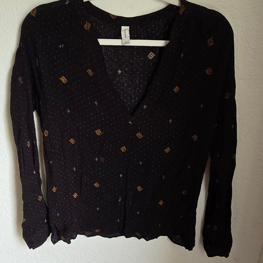 Gentle Fawn Black Boho Long Sleeve V-Neck Blouse Size Small